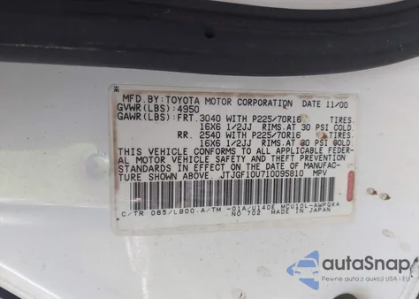 2001 Lexus Rx 300 z USA, uszkodzony, nr VIN JTJGF10U710095810